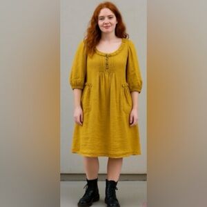 Chic Mustard Midi Dress with Button Detail